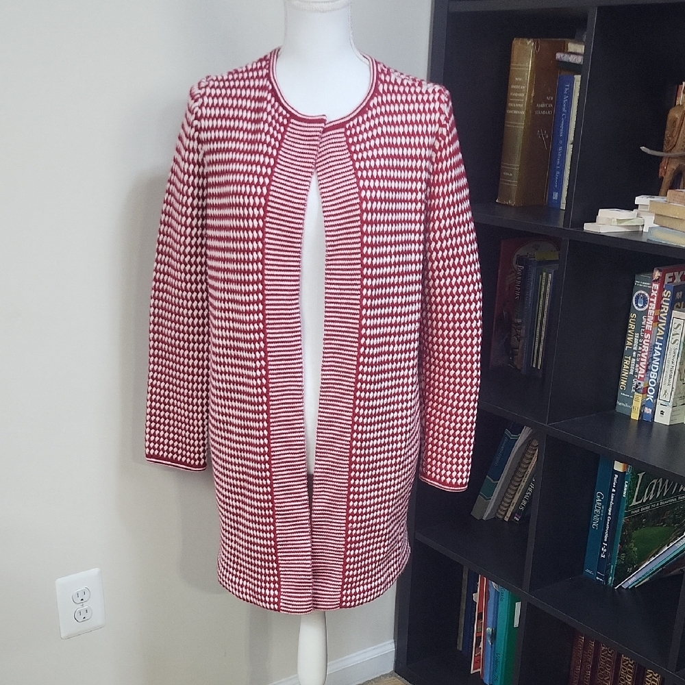 TALBOTS Red White Pure Merino Wool Checkered Knit Heavy Cardigan Sweater